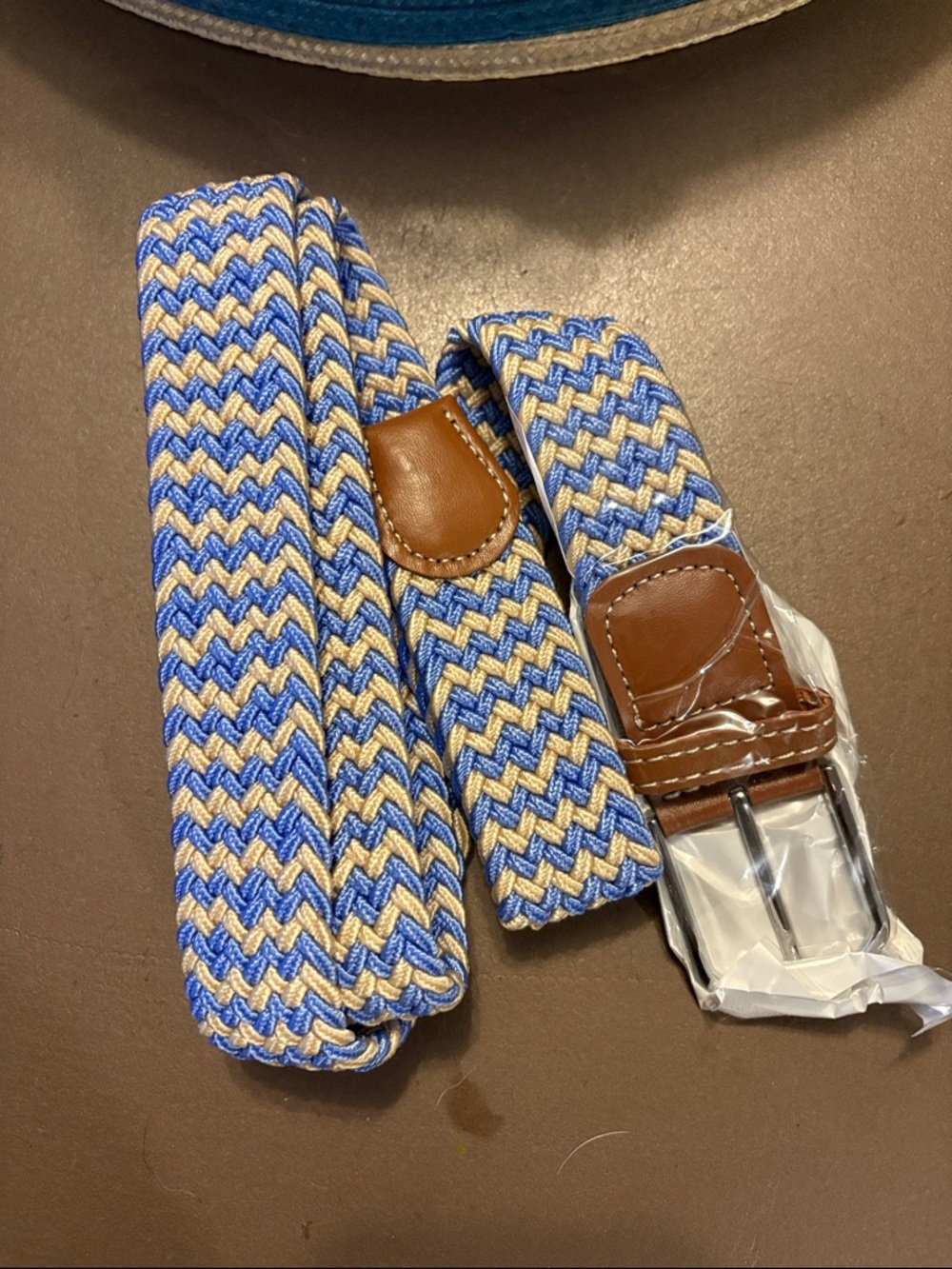 Men's Braided Blue & Cream Belt with Brown faux Leather Trim